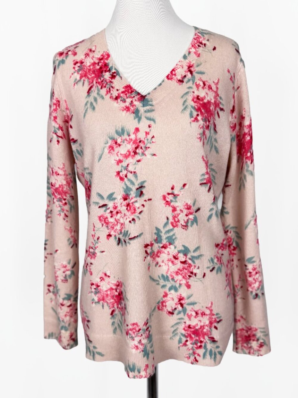 Charter Club Luxury 100% Cashmere Pullover V Neck Floral Pink Sweater Women’s M